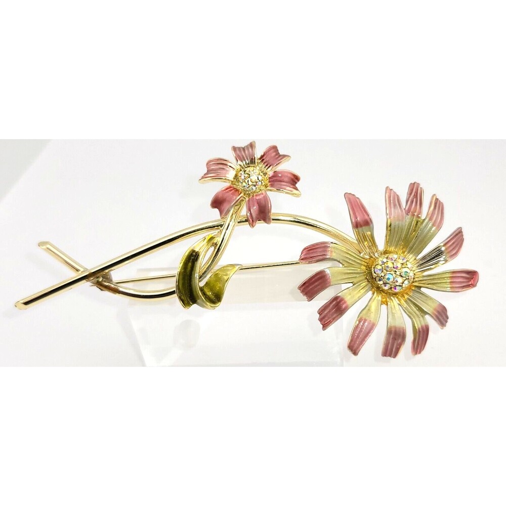 Large 4.5" Signed BSK Pink Enamel Rhinestone Daisy 🪷Flower Brooch Statement
